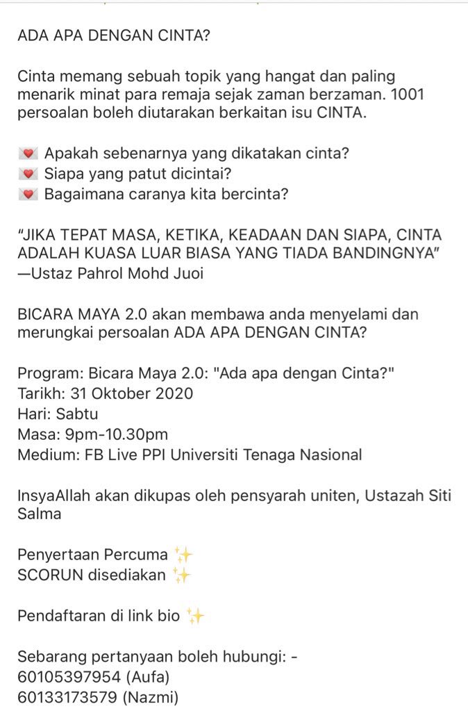PRSuniten's tweet photo. 🌹Assalamualaikum 🌹

Program: Bicara Maya 2.0: "Ada apa dengan Cinta?"
Tarikh: 31 Oktober 2020
Hari: Sabtu
Masa: 9pm-10.30pm
Medium: FB Live PPI Universiti Tenaga Nasional https://t.co/nYXShvnTGu