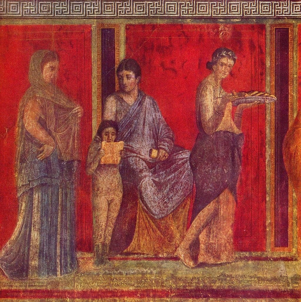 This is a mural in the "Villa of the Mysteries" unearthed in Pompeii. The owner of the villa would have been displaying great wealth with this mural, as cinnabar / mercury ore was quite expensive, had to be shipped from Spain.It does catch the eye, however.
