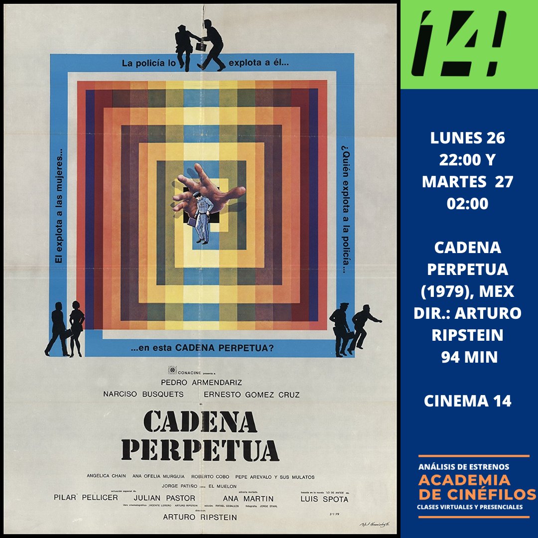 ⩍ #AlertaCinéfila ⩍ #Hoy LUNES 26 22:00 Y MARTES 27 02:00 ⫸CADENA PERPETUA (1979) / MÉXICO / DIR.: ARTURO RIPSTEIN / 94 MIN por @canalcatorcemx #Cinema14 #AmamosElCine #CineMexicano https://t.co/dTHTncoMSp