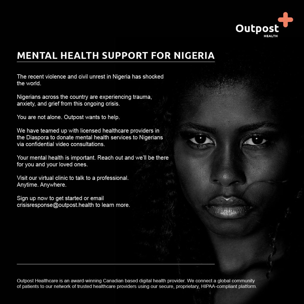 OutpostHealth's tweet photo. Are you in Nigeria and experiencing trauma, anxiety, and grief from the recent violence and civil unrest?
You are not alone. Outpost wants to help. https://t.co/WvjUP8onRh