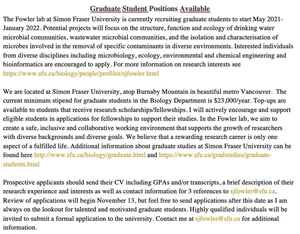 bio_fowler's tweet photo. I am currently looking for grad students interested in microbial ecology and physiology in biological water treatment systems. See attached for details, please RT! https://t.co/Jvyuv1D8c2