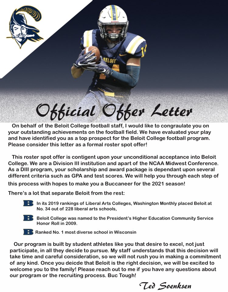 Cam_Williams_03's tweet photo. After a great phone call with coach @CoachCDGib I am blessed to say I have received an offer to Beloit College! @Coachbblack @BHSCoachGregg @Coach_Haataja2 @Brooks_LionsFB https://t.co/tH7xA7grv5