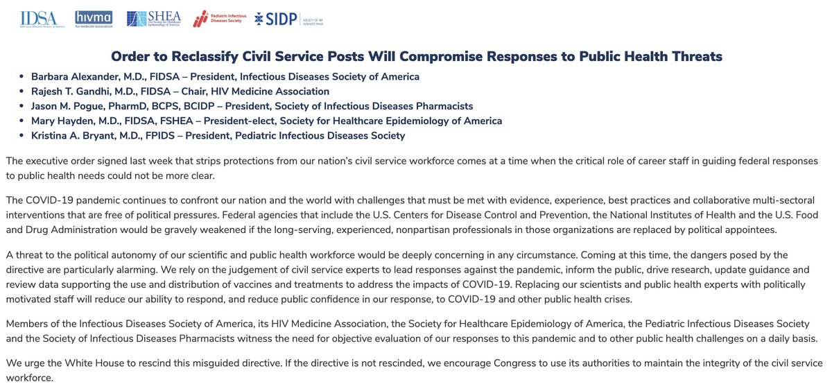 The executive order signed last week strips protections from our nation’s civil service workforce when their role in federal public health responses could not be clearer. 

We urge <a href="/WhiteHouse/">The White House</a> to rescind this directive, and if not Congress to act: bit.ly/3jAjNTs