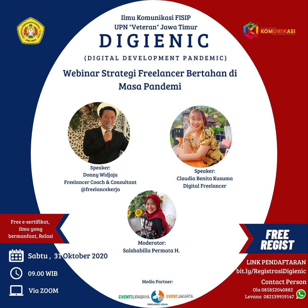 eventsurabaya's tweet photo. Kamu mahasiswa tapi ingin memulai karir sebagai freelancer, tapi bingung untuk memulainya? ikuti webinar DIGIENIC dari Ilmu Komunikasi UPN “Veteran” Jatim. Kita bakalan belajar tentang freelancer 101!

Pendaftaran: https://t.co/ThCrWRhXCJ https://t.co/SSg9UabDiD