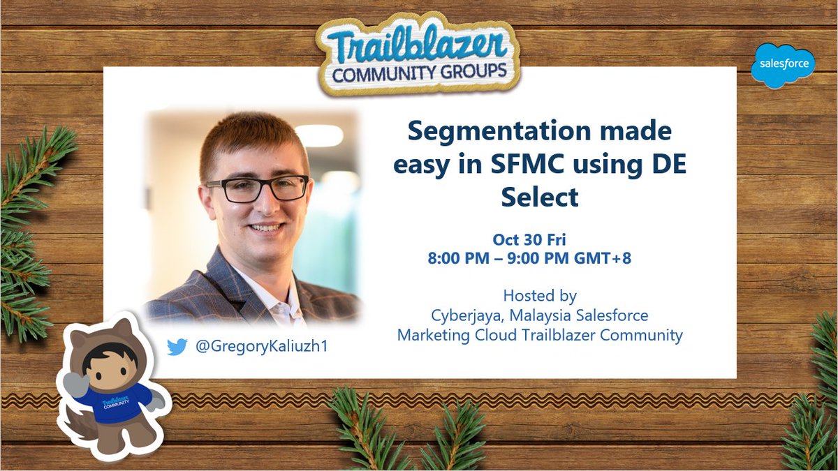📢📢Join us this Friday to learn all about how to use DE Select for segmentation in @marketingcloud. This is your chance to ask @GregoryKaliuzh1 about the various features in DE Select and how it can help you!

📆 Fri Oct 30
🕜 8:00 PM (GMT + 8)

RSVP at bit.ly/B2CDES