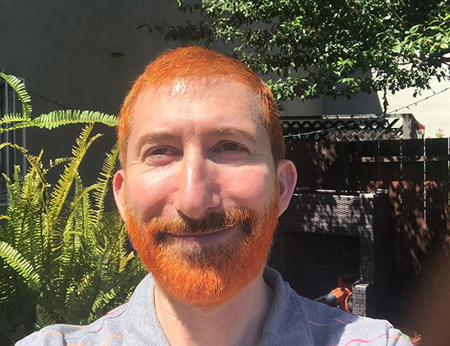 MarcRokoff's tweet photo. I don't usually post selfies, but COVID led me to have a little fun with natural hair dye recently. It's kind of amazing how different the same person can look over the course of a few hours. Pic one, taken same day as pic two, in next tweet. #HennaHairDye https://t.co/2fCBtTekoD