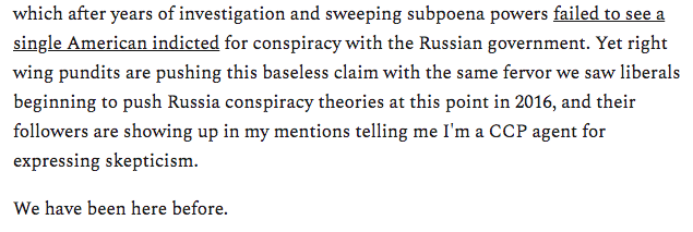 It’s no more indicative of covert loyalties to a foreign government than the Gish gallop of weak arguments presented for the theories of Trump’s loyalty to Moscow,