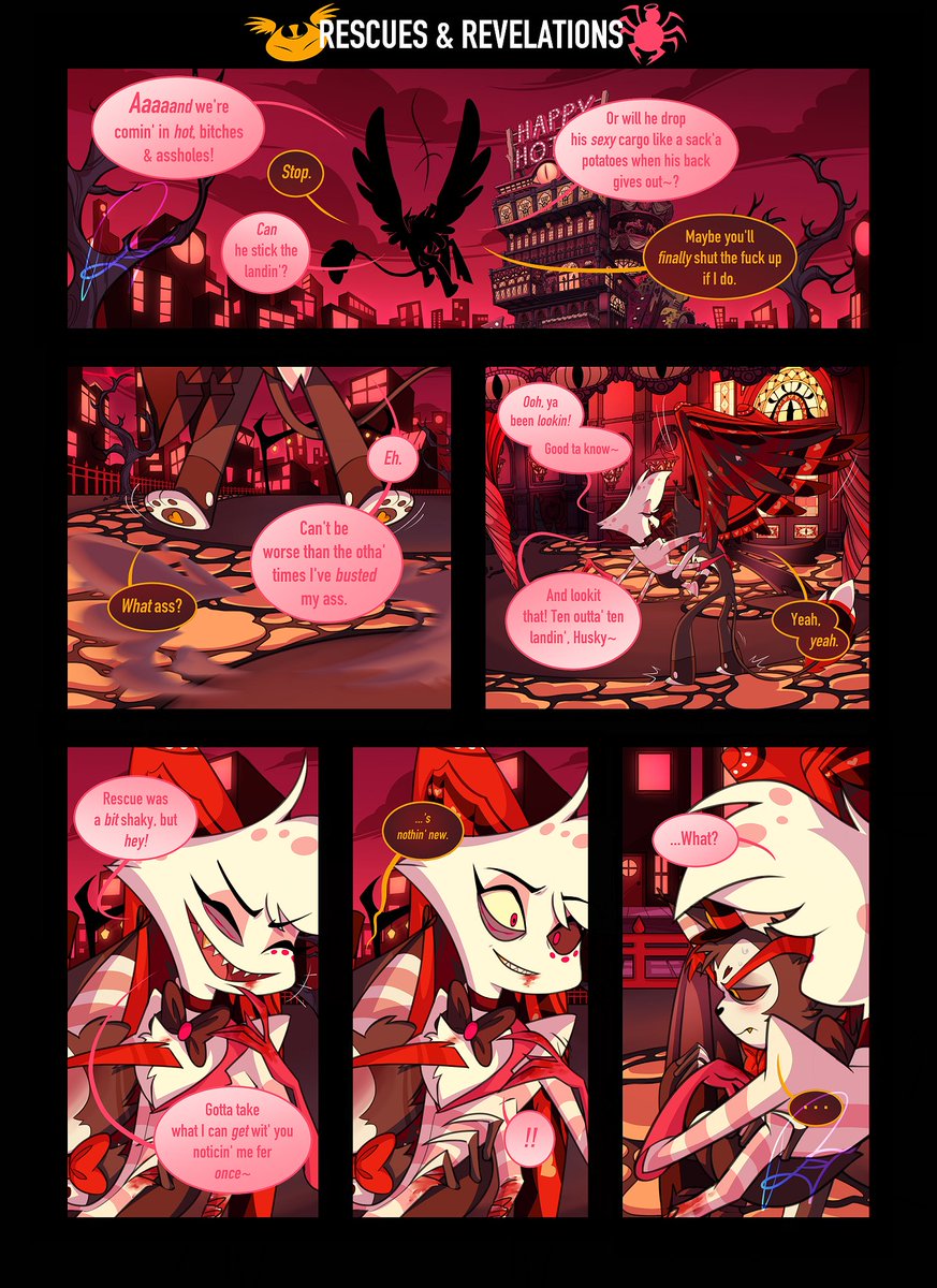 Rescues & Revelations (AngelHusk Comic) PART 2 // Pg1
.
.
.
(everythings sketched out, & the first page of part two is done! though, i DID cheat w/ the hotel. just ripped em from official art. 😅) #HazbinHotelFanart #HazbinHotelAngelDust #HazbinHotelHusk #AngelHusk https://t.co/2008YNNRUF