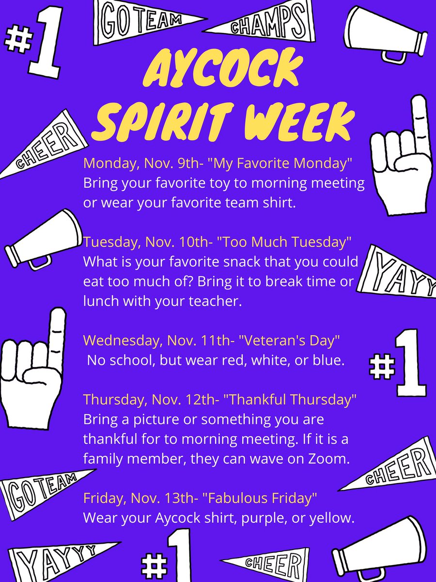 November 9th-13th <a href="/AYCOCKSCHOOL/">Aycock Elem School</a> Spirit Week!!! #weareaycock