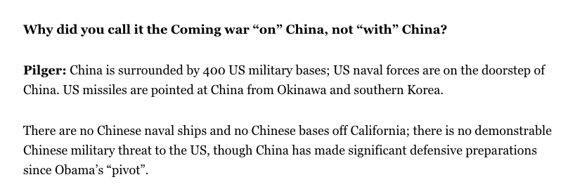 The goal of stopping the rise of China has been in the works for many years, and Joe Biden was part of the administration whose “pivot” laid a major part of the groundwork for that agenda. https://www.aljazeera.com/features/2017/12/6/john-pilger-qa-us-missiles-are-pointed-at-china