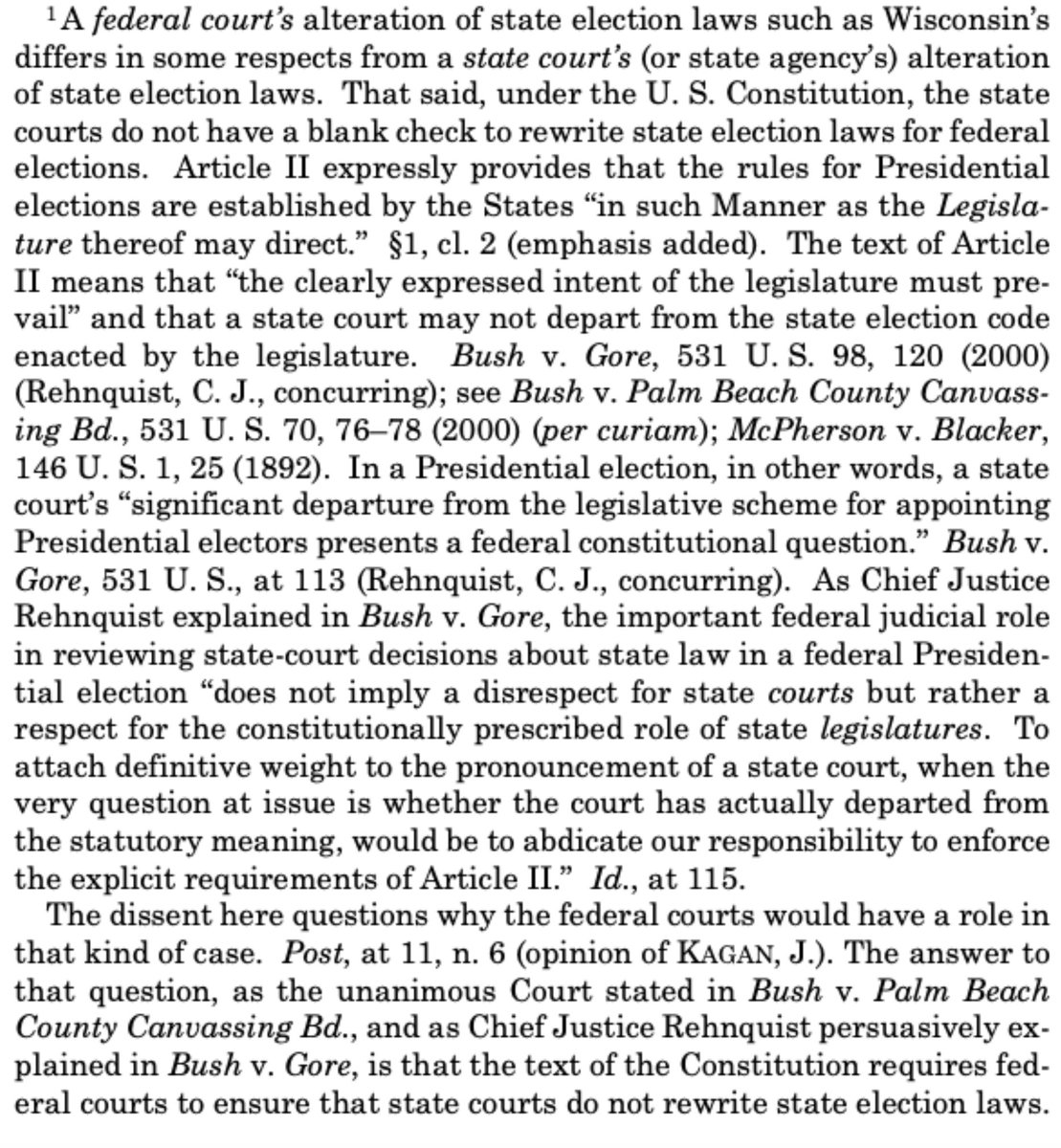 One of the rationales given by the Supreme Court was that the Florida Supreme Court was basically making a new election law. Kavanaugh in the Wisconsin case agreed that the federal district court has no business changing state rules. (See the last sentence)