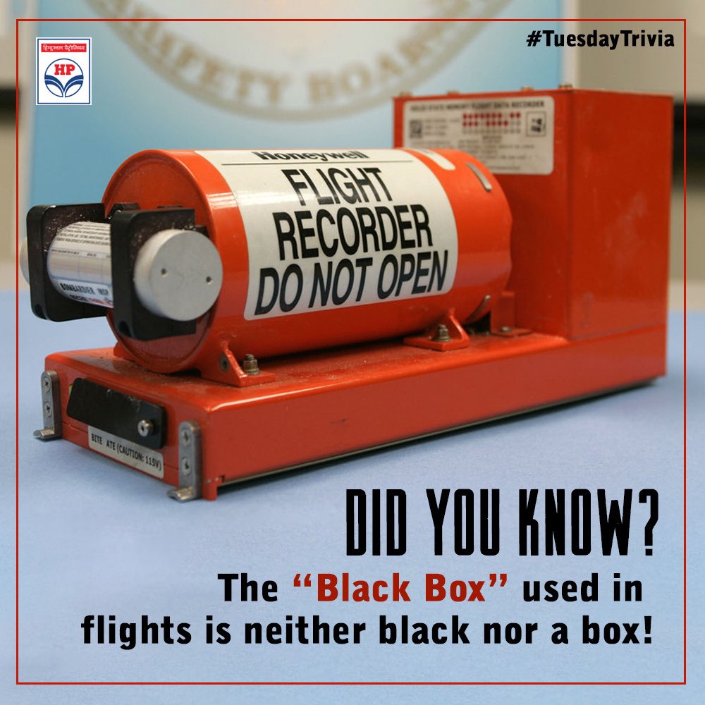 The black box, known as the Flight Data Recorder, is actually painted with a heat-resistant orange paint that makes it easier to find in case of an accident. It is a cylinder mounted on two large pieces of metal and stores all flight data. #TuesdayTrivia