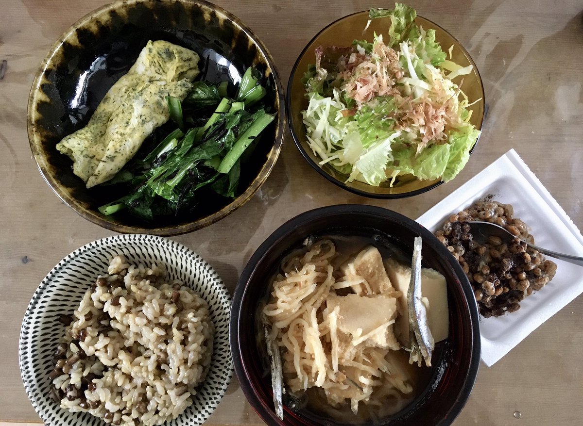 今朝のごはん あかもく入り卵焼き 小松菜とひじき炒め 梅酢サラダ ゆかり納豆 ウラド豆玄米 煮干しと高野豆腐と切り干し大根の味噌汁 今日はこれからリハーサルです ツイレポ