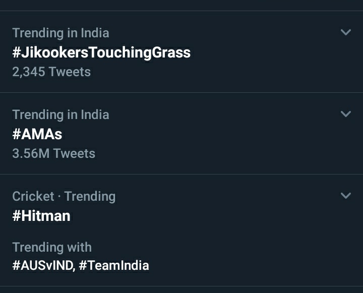 My dumb a$$ was wondering why hitman bang is trending with hashtag team India. I totally forgot that India has its own hitman. And why the hell #jikookerstouchinggrass is trending.