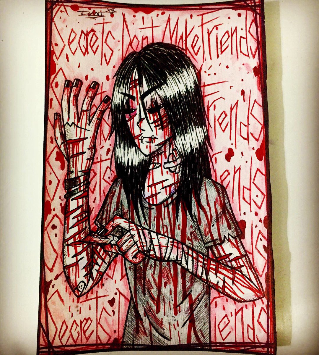 DaniDreamerART's tweet photo. GORETOBER 2020 DAY #26: CUTS & BRUISES. For some, emotional pain influences physical pain. There are things that hurt more than a cut.. More than a hit.. #Inktober #Inktober2020 #Goretober #Goretober2020 #CutsandBruises #SecretsDontMakeFriends #FanArt #FromFirstToLast #FFTL #Dark https://t.co/U8qKt5F8WS