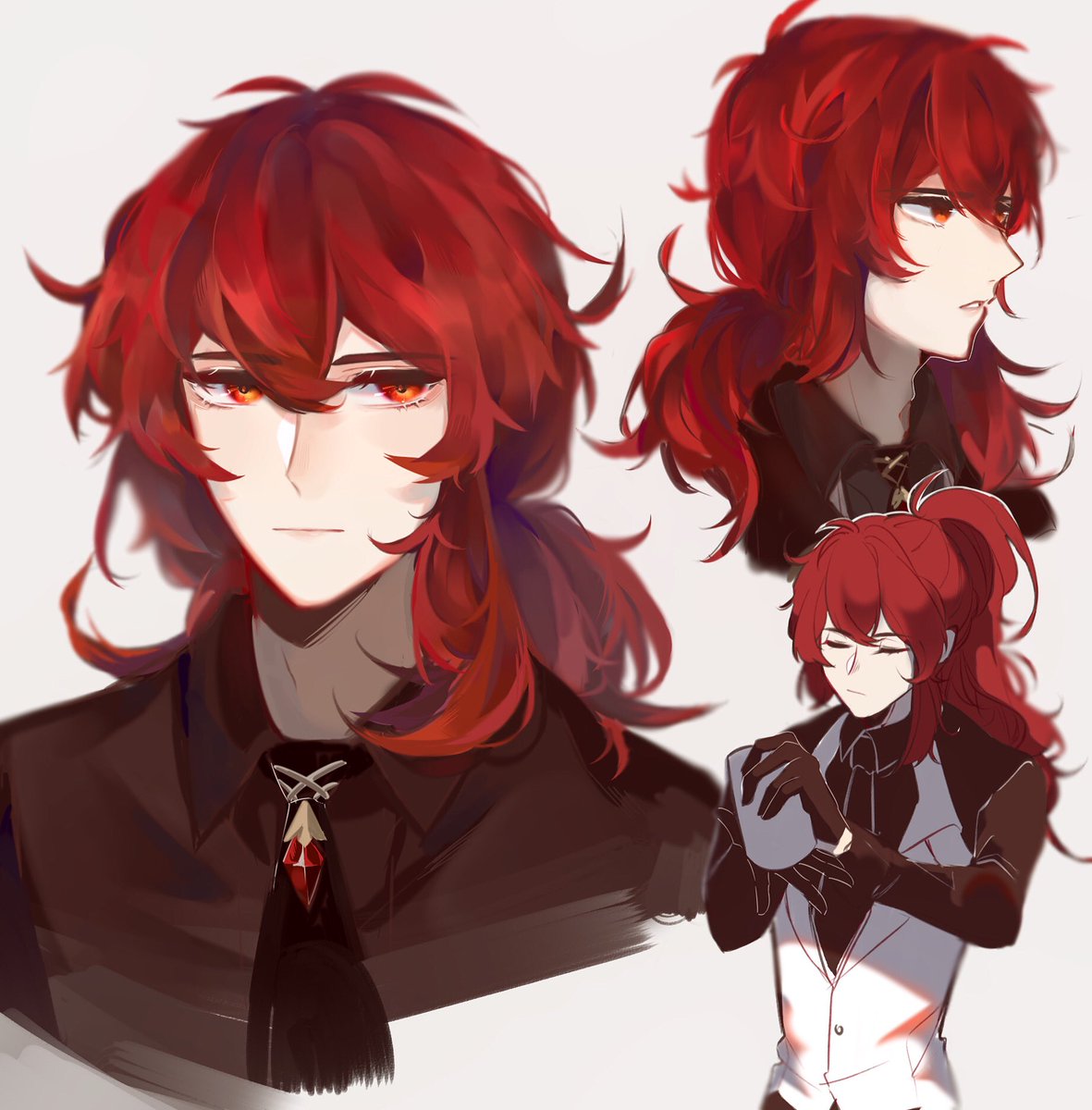 diluc (genshin impact) 1boy red hair male focus red eyes white vest long hair gloves  illustration images
