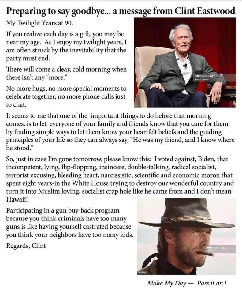 noremorse4ne1's tweet photo. Clint Eastwood never disappoints!
He released this statement just in case he kicks the bucket before election day. Apparently he wanted the whole world to know where he stood on things.
#Legend #TrueBadass #Patriot https://t.co/gPXdaHiZIR