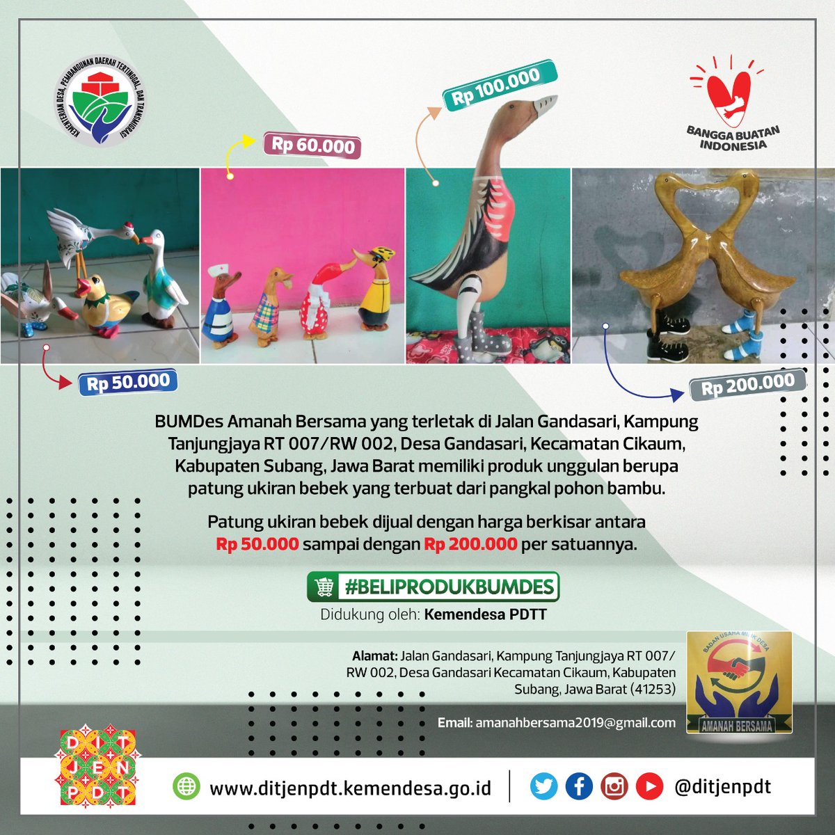 BUMDes Amanah Bersama yang terletak di Desa Gandasari Kab. Subang memiliki produk unggulan berupa Patung Ukiran Bebek yang terbuat dari pangkal pohon Bambu yang cocok sebagai hiasan rumah.

Patung ukiran bebek dijual mulai dari Rp.50-200ribu. Untuk pemesanan hubungi 082316527299.