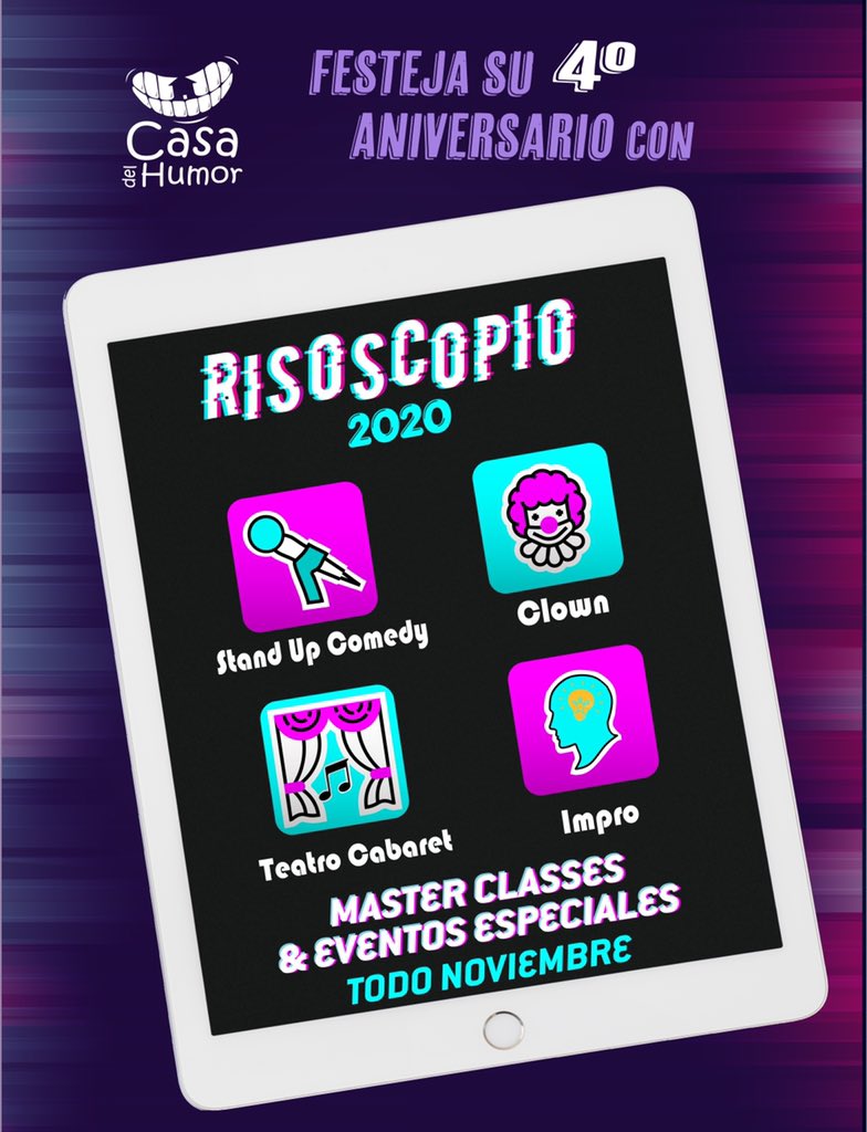 _MenuTeatral's tweet photo. Faltan muy poco para que comience #Risoscopio2020, la celebración del 4° aniversario de @CasaDelHumorMX, aquí la info sobre las MASTER CLASS👇
#StandUpComedy, 7 nov
#Cabaret, 15 nov
#Clown, 21 nov
#ImproTeatral, 28 nov
Compra tu acceso en:
✉️ casadelhumor@gmail.com
📱5541395508 https://t.co/nBKYHu2ns6