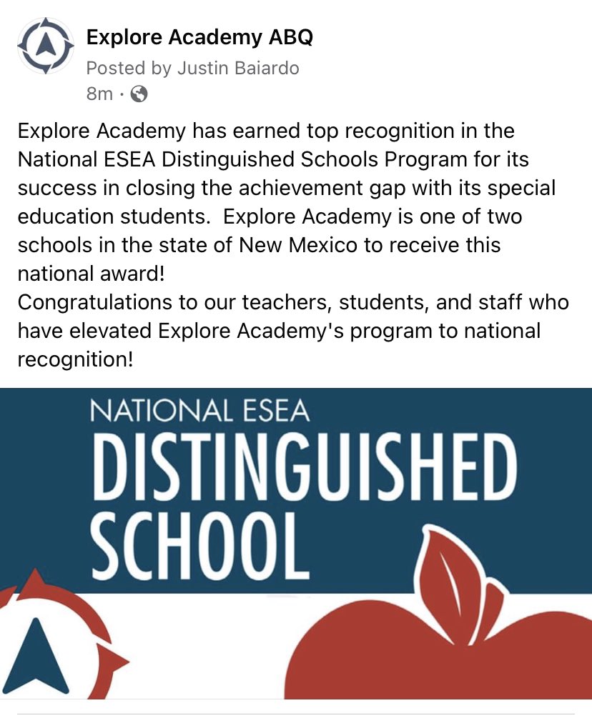 janeamenicucci's tweet photo. I am blessed to be a part of this school. We were one of two schools in the state to receive this honor. This is near and dear to my heart!! Always putting students first. @Explore_ABQ @ExploreAcademy1 #ExploreLearn #ExploreAcademyABQ https://t.co/zLuJ7YhqUP