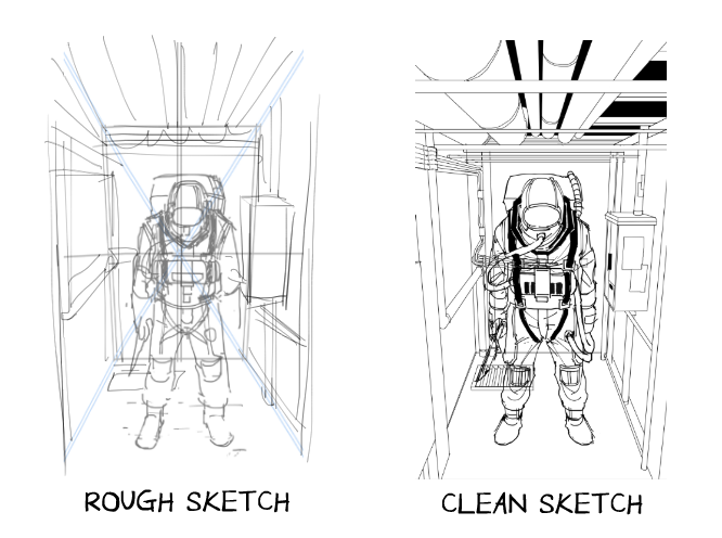 13. idea, rough sketch, clean ups, color, clean ups 2 