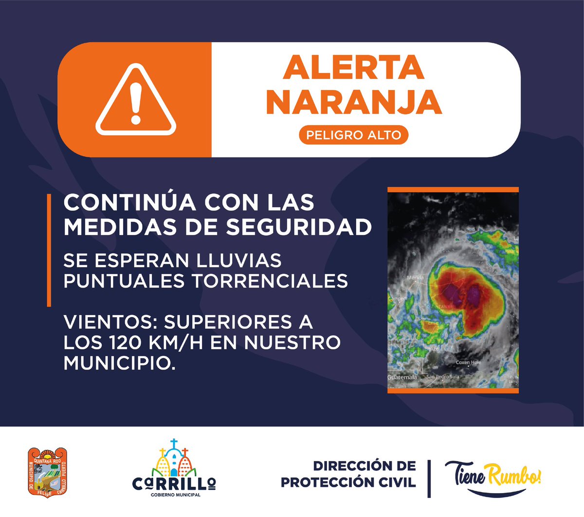 ⚠️⛈🏠✅ CONAGUA ha informado que el centro del huracán entrará por Chemuyil, Tulum; causando lluvias torrenciales a nuestro municipio durante esta madrugada.