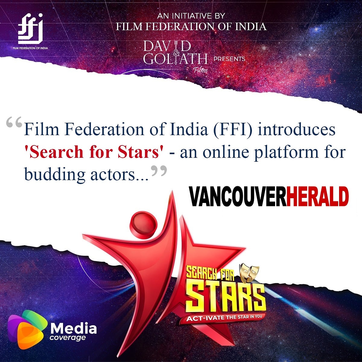 SearchFor_Stars's tweet photo. Thank You Vancouver Herald for this Coverage.
Participate in Search For Stars - an initiative by Film Federation of India - presented by David and Goliath Films and stand the chance of getting your FIRST BREAK along with some attractive CASH PRIZES!

REGISTER TODAY FOR FREE! https://t.co/j8MrJTeOAr