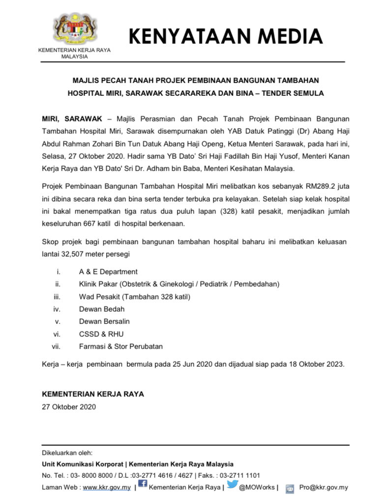 Kkr Malaysia On Twitter Kenyataan Media Majlis Pecah Tanah Projek Pembinaan Bangunan Tambahan Hospital Miri Sarawak Secarareka Dan Bina Tender Semula Jkrmalaysia Llmrasmi Cidbmalaysia Petrajayamp Eddin Syazlee Ksumoworks Irzulkefly Llmkp