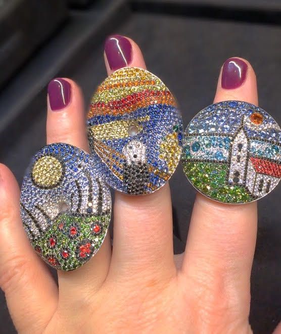 Okay, a few tonight while I wait for painkillers to kick in. I, uh, did my nails earlier and kinda glittered the cat a bit. ANYWAY! Micro-mosaic rings from Palmiero, of famous paintings. Sapphires all over.
