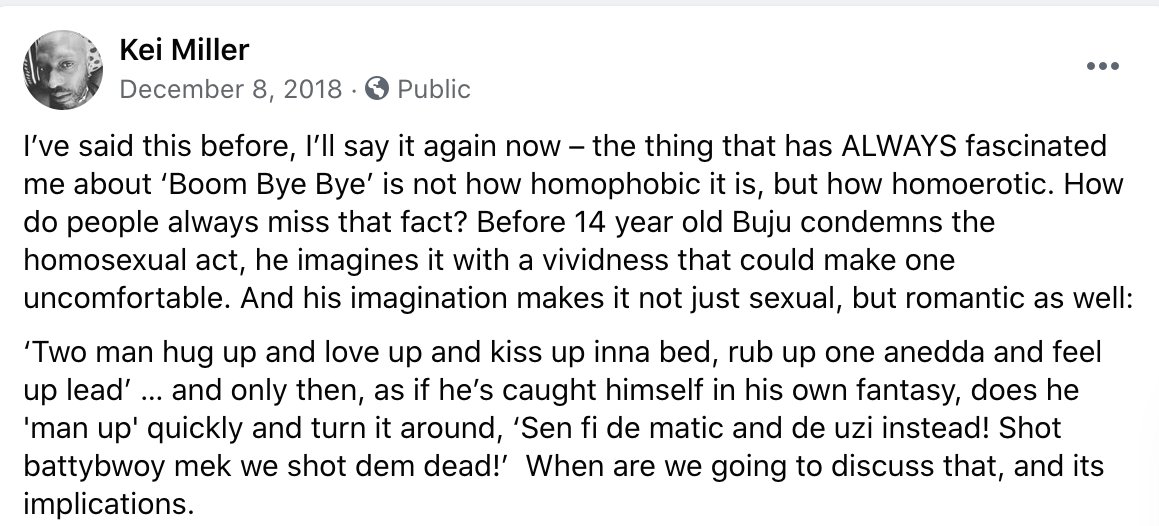 actually, here it is. again, this isn'y an "aha! we caught buju" moment. he's saying something about how the power of homophobia often requires intimacy within the space of the imagination.before you can be disgusted with the fantasy, you first have to get close to it.