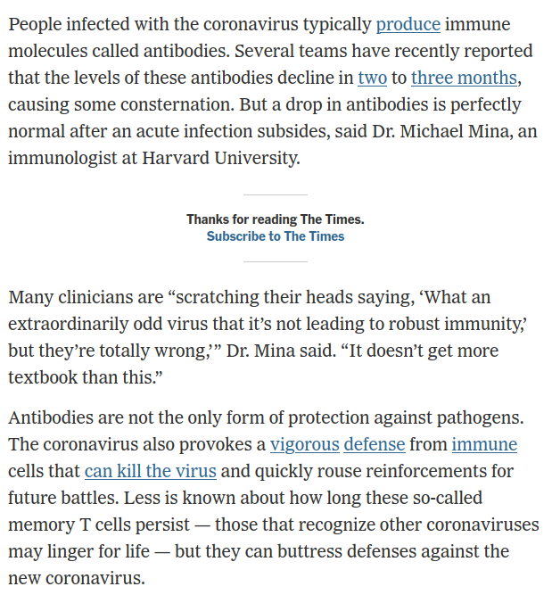 Every few months there's a study that shows that Covid antibody levels declines after infection, and the media incorrectly announces that natural immunity to Covid-19 fades. This morning, BBC News was guilty of this.These studies are just are confirming textbook biology. 