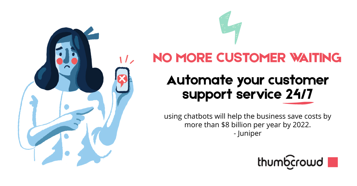 thumbcrowd's tweet photo. Don’t make your customers wait!
#Chatbots are capable of answering queries in the least amount of time. 
ThumbCrowd brings the best of Chatbot(AI) &amp; Human Support together to deliver an exceptional experience for your customers.
https://t.co/gekW31uILA
#chatbot #liveChat #Bot #CX https://t.co/qYlvNgOPzx