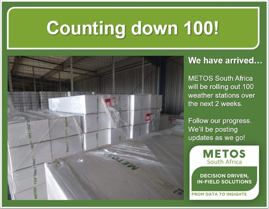 metos_sa's tweet photo. Metos SA is excited to announce that 100 Pessl weather stations have arrived in South Africa this week!
We will install all of these weather stations in the next 30 days.
Follow our progress as we go!
@metos_austria #pessl #metos #metos_sa #100weatherstationsin30days https://t.co/26Nb3WZSCz