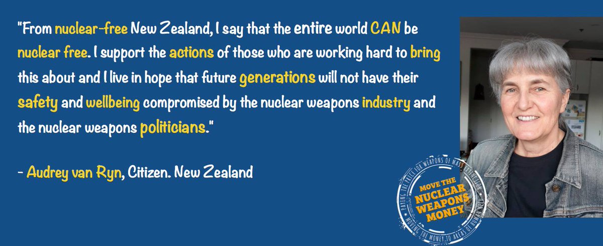 Audrey van Ryn from nuclear-free #NewZealand says that the entire world can be nuclear free.

Let's #movethenukemoney to help Audrey achieve this goal! 

#NuclearWeapons #divestment #Sustainability