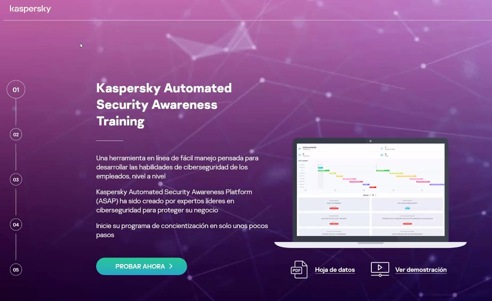 Presentación #ASAP (#AutomatedSecurityAwarenessPlatform): #concienciación y #formación de ataques #phishing, Luis Suárez (<a href="/KasperskyES/">Kaspersky España</a>). "#Teletrabajo: desarrollar #skills de #ciberseguridad en #empleados" <a href="/nunsys/">NUNSYS</a> 

- Planes #automatizados.
- Personalizable.
- Registro usuarios.