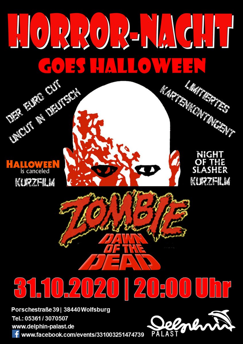Halloween wird bei uns gefeiert, natürlich unter sicheren Maßnahmen
Kommt vorbei und schaut bei uns am Samstag "Zombie - Dawn of the Dead"