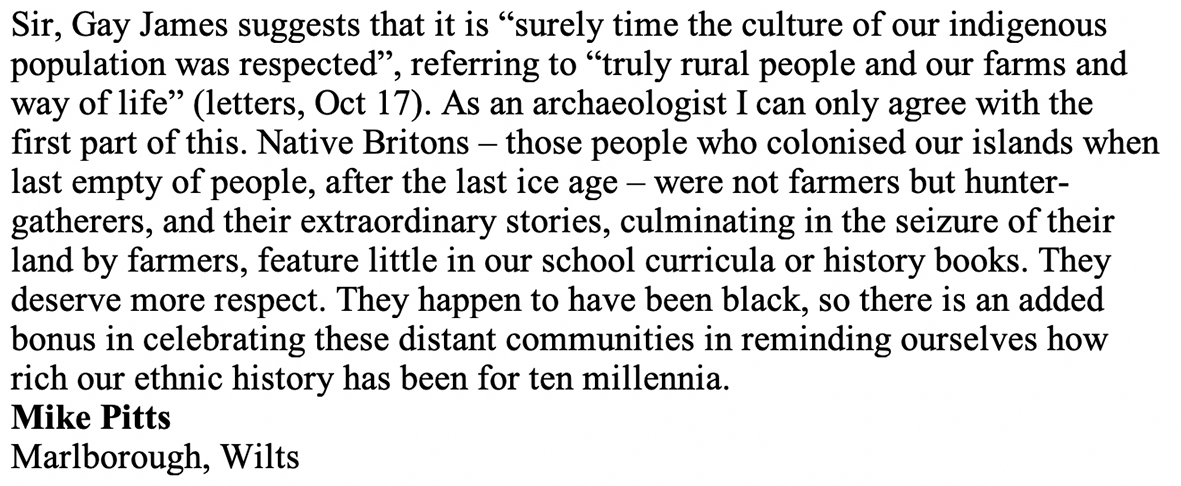 This is important. It’s not just social media. On Oct 17 the Times published a letter saying “It is time the culture of our indigenous population was respected.” Aghast of Wilts wrote to the paper (second image). It was not published. Online comments were more explicit  1/4  https://twitter.com/Tess_Machling/status/1320822981380198401