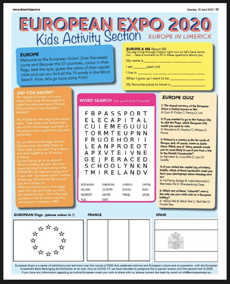 EExpo2020's tweet photo. #Tbt #EuropeanExpo Kids Activity Section in @limerickpost paper 📰 

Remember our;
🇪🇺 Europe &amp; Me
🇮🇪 Colour in the Flags
⁉️ Did you Know??
🔤 Find 15 words in the Word Search 🇪🇺🖌🇫🇷🖍🇪🇸 

Try them out over this mid-term! 

https://t.co/Xq74UFKyab

#EE2020 #Europe #Limerick https://t.co/yTRZO31aKc