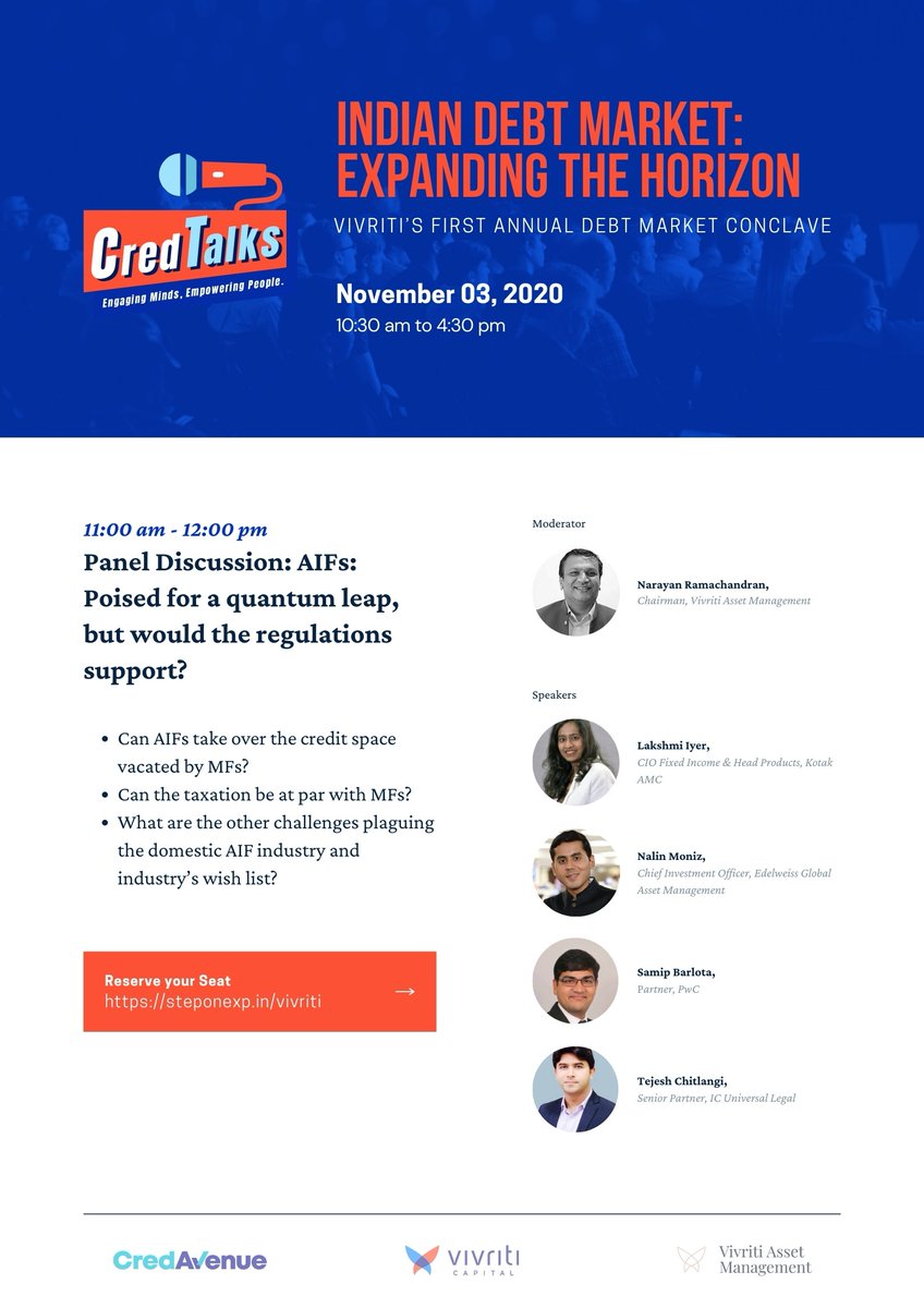 Vivriti Capital (@vivriticapital) on Twitter photo CredTalks- Vivriti's Annual Debt Market Conclave 2020; 3rd Nov, 10.30 AM
Panel Discussion 1: AIFs: Poised for a quantum leap,
but would the regulations support? Narayan Ramachandran, Nalin Minoz, <a href="/samipbarlota/">Samip</a>, <a href="/Lakshmi1876/">Lakshmi Iyer</a>, <a href="/Tejesh_C/">Tejesh Chitlangi</a>
To Register: steponexp.in/vivriti/ CredTalks- Vivriti's Annual Debt Market Conclave 2020; 3rd Nov, 10.30 AM
Panel Discussion 1: AIFs: Poised for a quantum leap,
but would the regulations support? Narayan Ramachandran, Nalin Minoz, <a href="/samipbarlota/">Samip</a>, <a href="/Lakshmi1876/">Lakshmi Iyer</a>, <a href="/Tejesh_C/">Tejesh Chitlangi</a>
To Register: steponexp.in/vivriti/