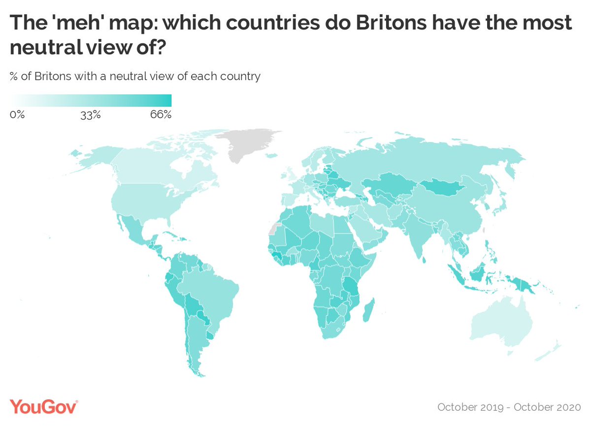 The 'meh' map: top 10 countries Britons have a neutral view of Guinea - 66% Paraguay - 63% Moldova - 62% Ecuador - 61% Tanzania - 61% Lithuania - 60% El Salvador - 60% Bolivia - 60% Uruguay - 60% Belarus - 60% https://yougov.co.uk/topics/travel/articles-reports/2020/10/26/new-zealand-britons-favourite-country?utm_source=twitter&utm_medium=website_article&utm_campaign=Britons_favourite_countries