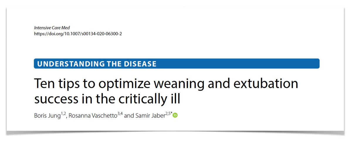 yourICM's tweet photo. Wean/extubate critically ills
1⃣optimize (⬇️) sedation
2⃣diaphragm-protective MV
3⃣daily screen for SBT
4⃣best SBT?
5⃣weaning strategy
6⃣what if SBT fails
7⃣muscle load/efficiency ratio
8⃣weaning/extubation failure
9⃣post-extubation support
🔟 tracheostomy
https://t.co/TaYdzMvisK https://t.co/q9qQOVKioZ