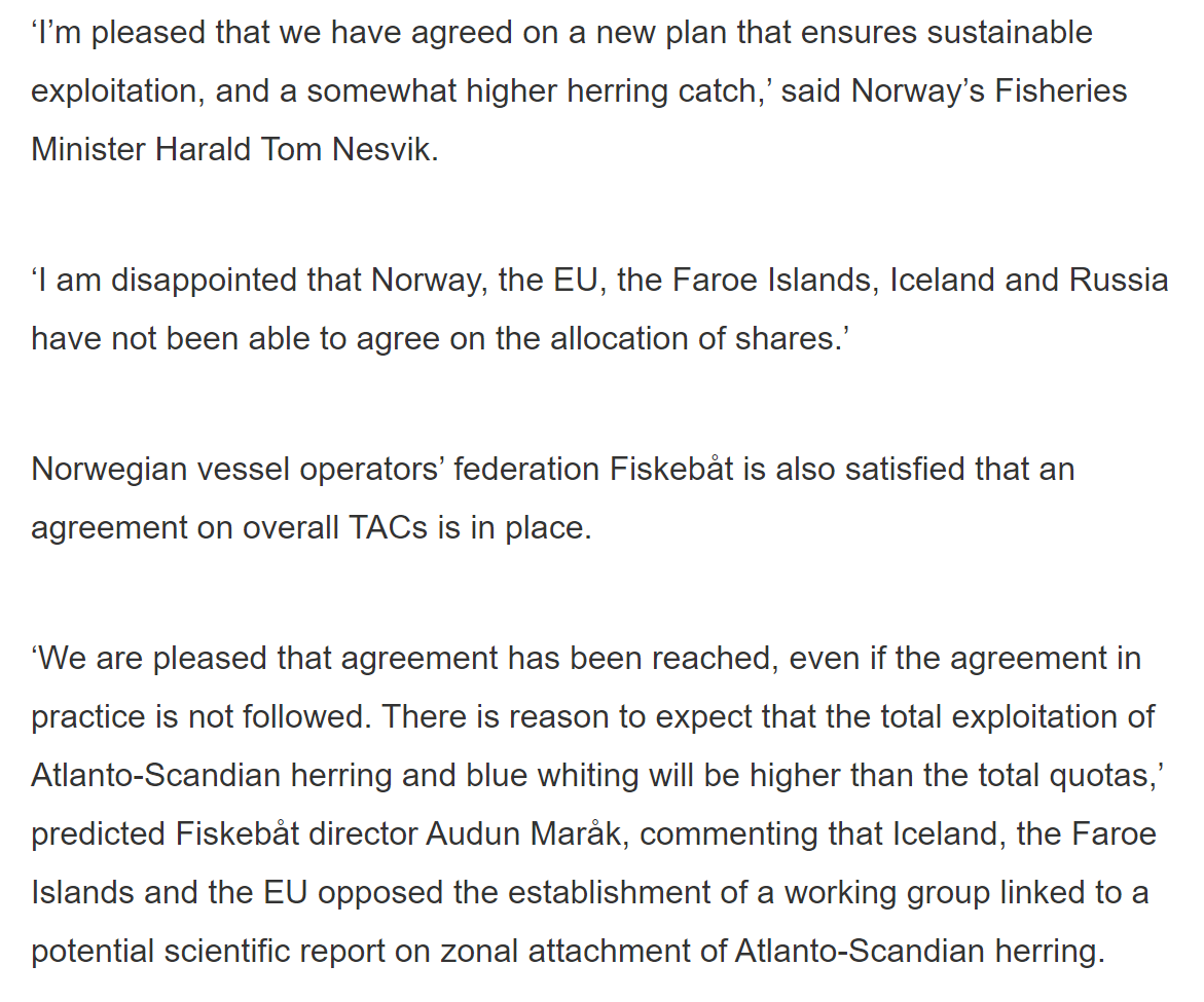 We have clear precedent for this, for example these statements on the 2019 quota. Norway wants a higher share, but rather than accommodating, Iceland also raises theirs. So the UK can say it will follow advice on quota, but this means very little without an agreement on shares.