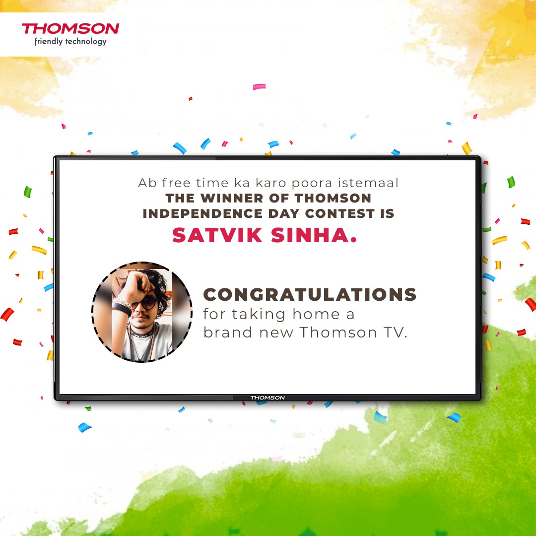 ThomsonTvIndia's tweet photo. Congratulations to Satvik Sinha for taking home a brand new Thomson TV! Enjoy karo ab apna free time with #YourPartnerInTime. #ContestWinners #Thomson https://t.co/gpUU2t8BMz
