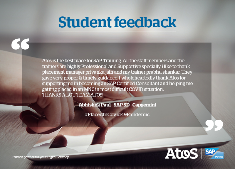 AtosSap's tweet photo. "Who are you tomorrow, begins with what you do today!" 
Join us in congratulating Abhishek Paul who recently completed SAP SD certification and got palced in Capgemini.
We wish Abhishek all the very best for career and future endeavors!
#SAP_TRAINING #successstory #careergoals https://t.co/F8G75O5Zvr