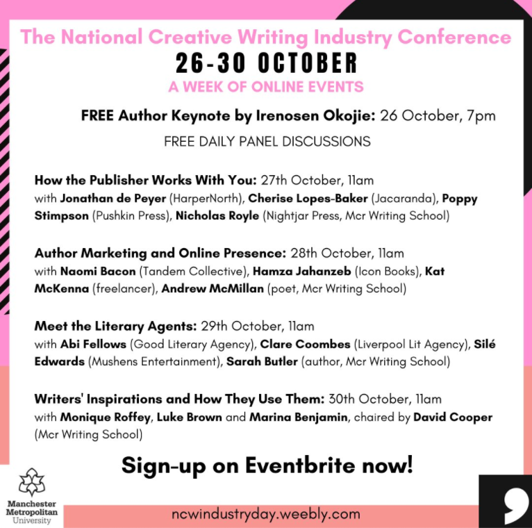 Writers! Join <a href="/commapress/">Comma Press🍉 #CeasefireNow</a> &amp; <a href="/McrWritingSchl/">Manchester Writing School</a> for a series of free online events at the National Creative Writing Industry Conference next week including a keynote speech from author <a href="/IrenosenOkojie/">Irenosen Okojie</a>: bit.ly/3o64ipL and daily panel discussions: bit.ly/3dGoNVg