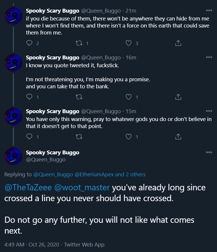 The other night  @Queen_Buggo went on an unhinged rant threatening violence on me and other members of the fandom for daring to stand up against the blatant racism and bigotry both them and  @EtheriumApex had displayed.Here's my response in a thread: