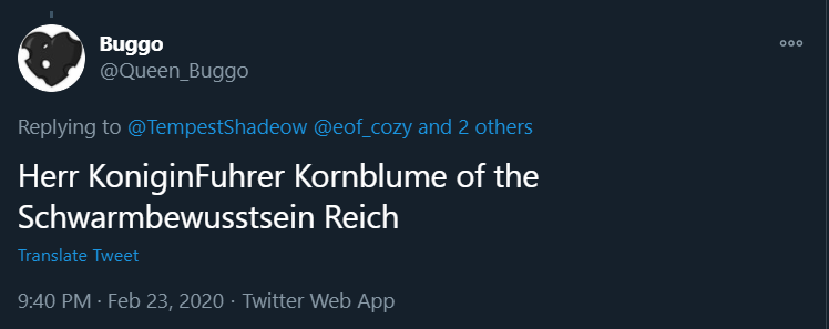 Although Buggo changes names online often, his behavior is so unhinged and toxic that he's instantly recognizable no matter what title he goes under. Back when he was known as "Queen Kornblume" he enjoyed roleplaying as a changeling fascist.I am not joking.