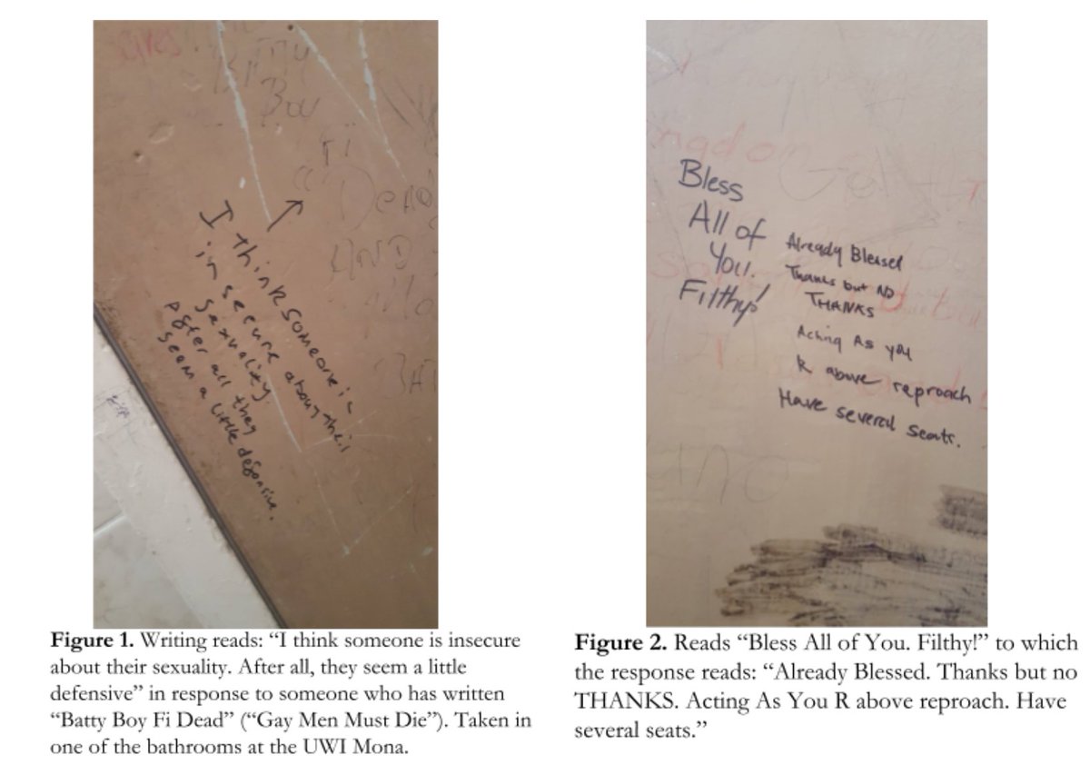 in fact, that song itself often induces pleasure in queer men as well because, again, domination and pleasure are not always separate/distinct in dancehall.another example i examine in my thesis is the graffiti in the men's bathrooms at the university of west indies.