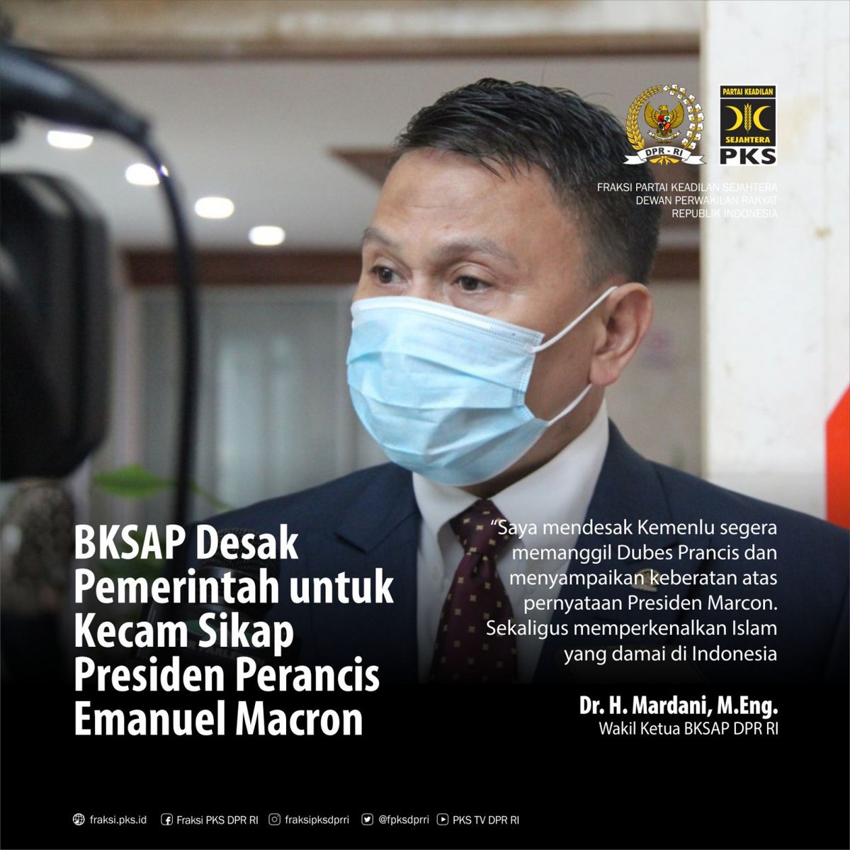 Prancis sebagai negara yang sekuler seharusnya menghormati kebebasan beragama. Tidak pantas Islamophobia dilancarkan pemimpin negeri itu. Penggambaran Nabi Muhammad ini sangat menyinggung umat Islam. <a href="/FPKSDPRRI/">Fraksi PKS DPR RI</a>