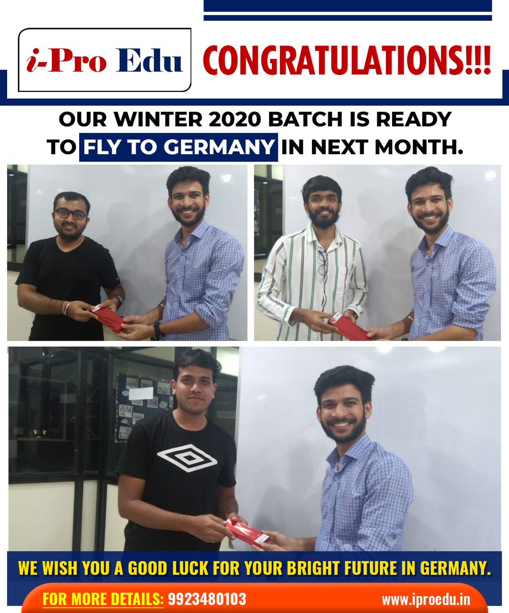 iproedunashik's tweet photo. Congratulations!!

Our Winter 2020 batch is "Ready to fly to Germany in next month".
We wish you a very safe and Happy Journey!!
Get in touch with us on the following details :
Call us - 9923480103
#germanystudy #germanyeducationconsultants #abroadconsultant #germanyconsultants https://t.co/J5nQE7fvYv